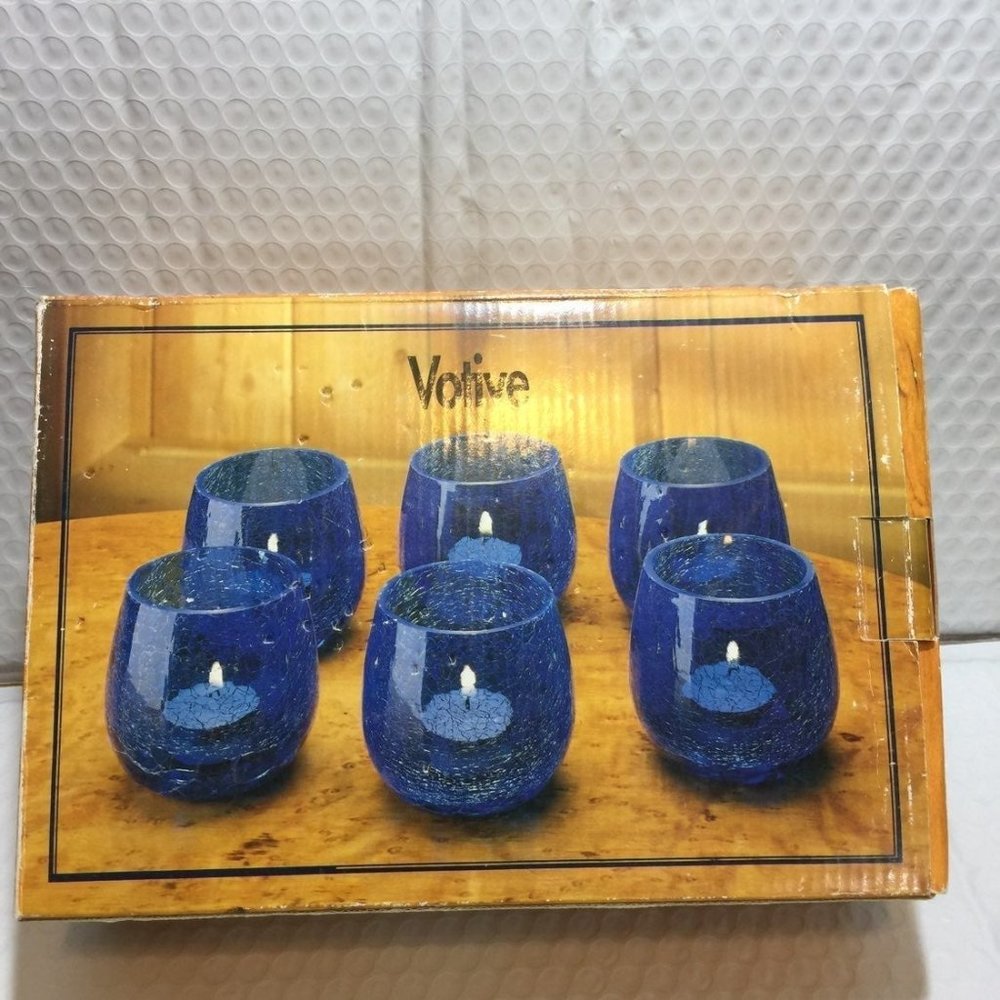 International Silver Cobalt Blue Crackle Glass Votive Candle Holders Set